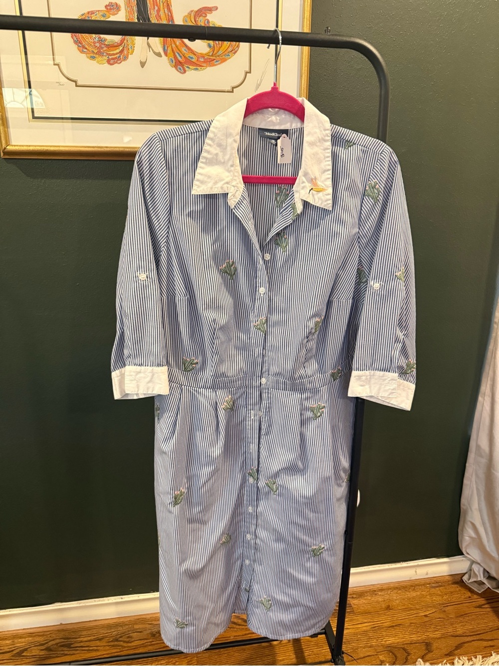 ModCloth Blue and White Striped Midi Shirt Dress with Floral Embroidery